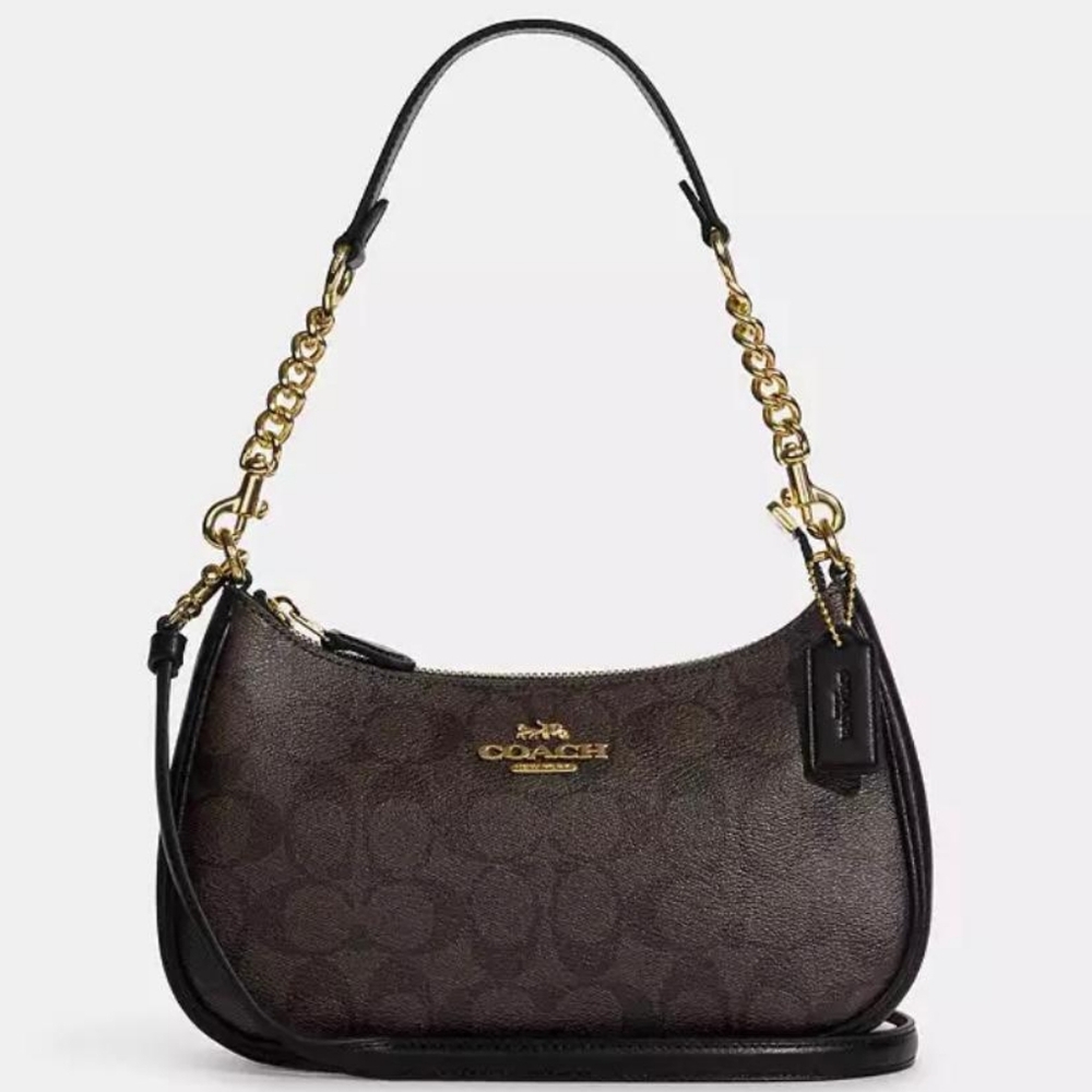 Coach Teri  2 Way Signature  Shoulder Bag with Monogram Pattern Dark Brown - Picture 6 of 8